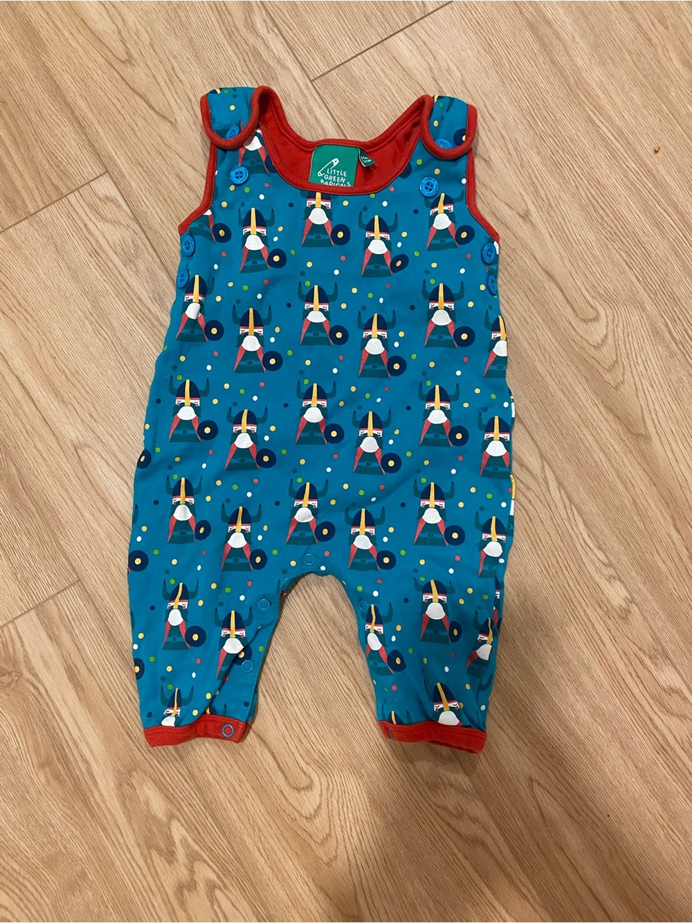 Blue viking Print Baby Romper with Red Trim